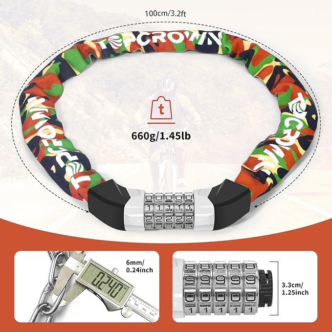 Bike Chain Lock Upgrade Metal Digital Dials 3.2Ft Long High Security Heavy Duty Anti Theft, 5 Digit Combination Keyless Bicycle Lock for Bike/Electric Scooter/Ebike/Motorcycle(Camouflage)