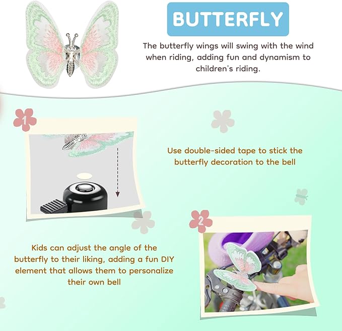 Kid's Bike Bell, Bicycle Horn for Girls, Children’s Bike Bells with Butterfly Design - Cute DIY Bicycle Bell for Girls, Crisp Sound, Easy to Install