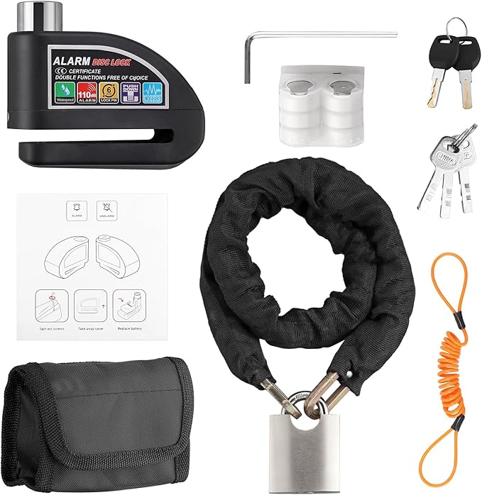 Justech Motorcycle Lock, Bicycle Chain Lock + Motorbike Alarm Disc Lock 110dB Alarm Sound with Reminder Cable and Carry Pouch for Bicycle Scooter