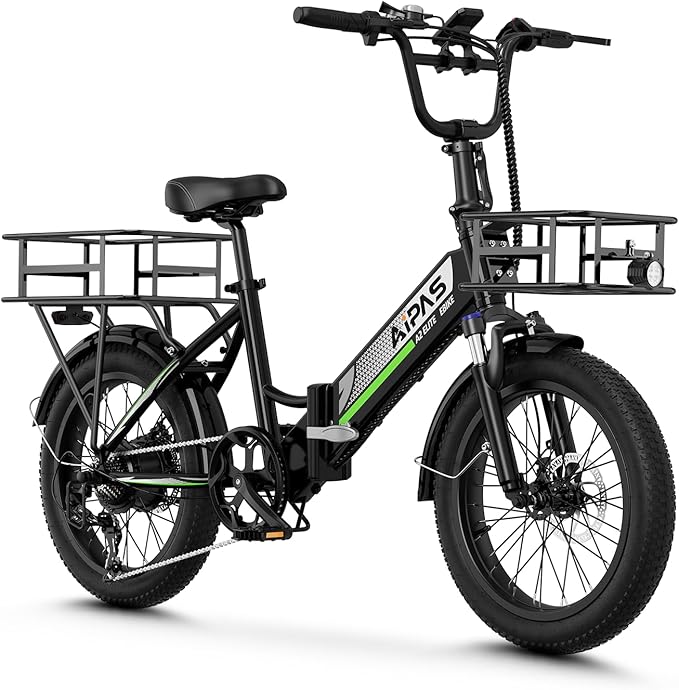 Aipas A2 Folding Electric Bike, 20'' Fat Tire Electric Bike with 750W Peak Motor, 48V 12.8Ah Removable Battery, 28MPH Max Speed, 62 Mile Range, Step-Through Frame and 7-Speed with 2 Baskets