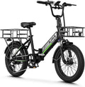 Aipas A2 Folding Electric Bike, 20'' Fat Tire Electric Bike with 750W Peak Motor, 48V 12.8Ah Removable Battery, 28MPH Max Speed, 62 Mile Range, Step-Through Frame and 7-Speed with 2 Baskets