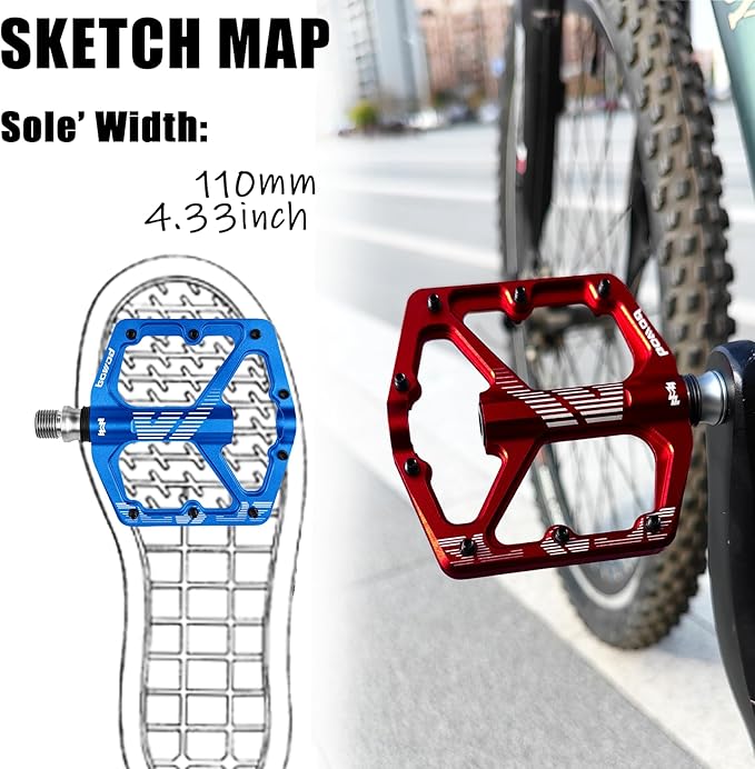 MTB Pedals Flat, Gravel Bike Pedals Flat, Light CNC Aluminum Alloy Platform Pedal w 3 Bearings Cr-Mo Spindle, Grippy Bicycle Pedals w 16pcs Pins, Mountain Bike Pedals Adult Child BMX Bike 9/16"