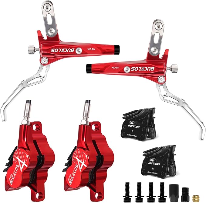BUCKLOS MTB Hydraulic Disc Brake Set 4 Pistons Front 850mm and Rear 1550mm Hydraulic Brakes with Aluminum Alloy Lever with Caliper Ceramic Brake Pad Fit Mountain Bike,Ebike,Fat Bike HB-CP4 (Pre-Bled)