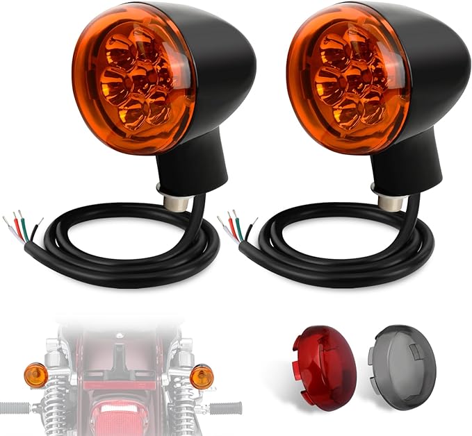 LED Rear Turn Signal Kit,Brake Light/Running Light/directional indicator for Harley Davidson XL883 XL1200 Sportster 1992-UP,Amber Light w/Red/Orange/Smoke Lens,Gloss Black Bullet-Style