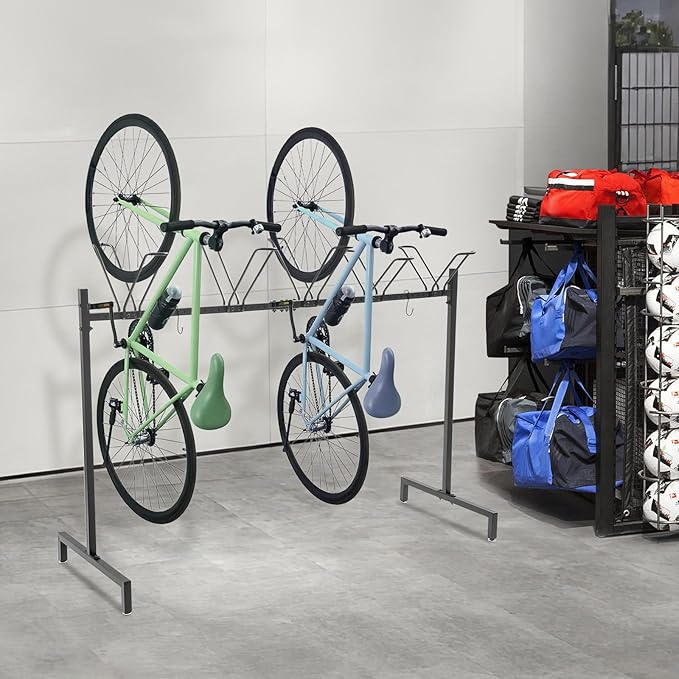 5-Slot Bike Floor Stand, Bicycle Parking Rack with Hooks Non-Skid Foot Pads and Complete Accessories, V-Shaped Brackets Freestanding Metal Bike Storage Organizer Rack 154 LBS Load Capacity