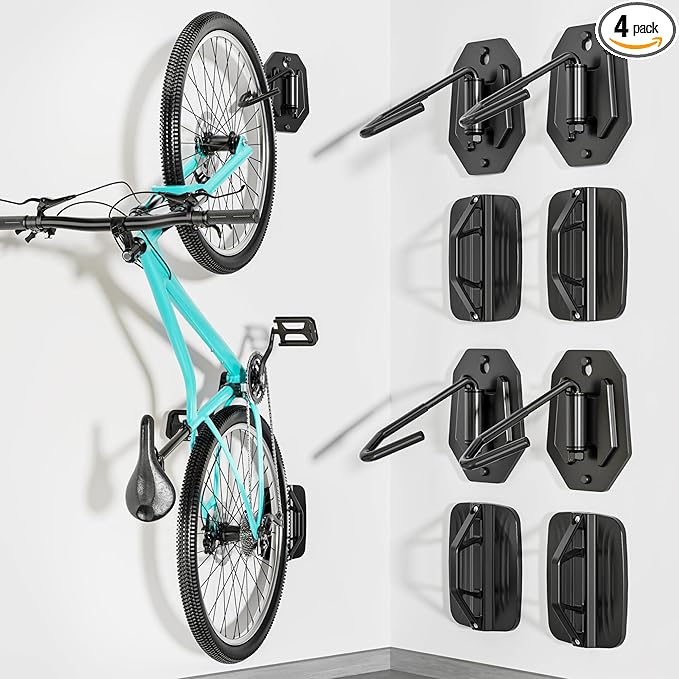 Swivel Bike Wall Mount, Heavy Duty Vertical Bike Rack with Fixed Hooks for Garage Storage, Wall Mounted Bicycle Hangers Holds up to 77 lbs for Indoor, 4 Pack