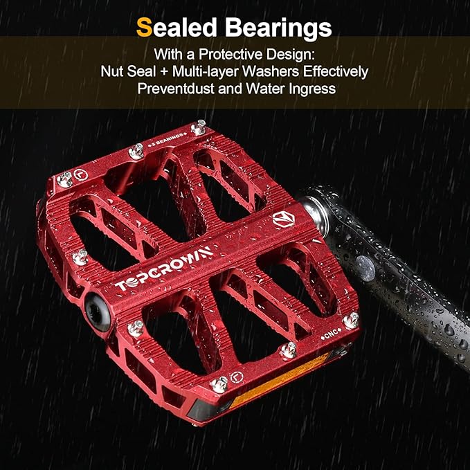 Mountain Bike Pedals with Reflectors, Aluminum Metal Bicycle Flat Pedals 9/16" - 3 Sealed Bearings, Non-Slip Wide Platform with Removable Pins for MTB, Road Bike, BMX, Ebike