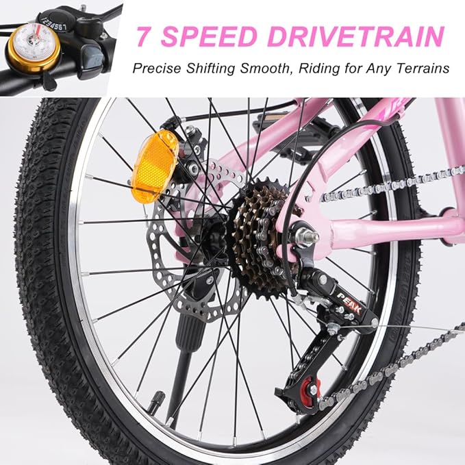 Bueuwe 20 24 Inch Kids Mountain Bike, Children Bicycles for Boys and Girls Ages 6-12, 7 Speed Teenager Bikes with Disc Brakes, Adjustable Handlebars and Seat, Kickstand (Pink, 20 Inch)