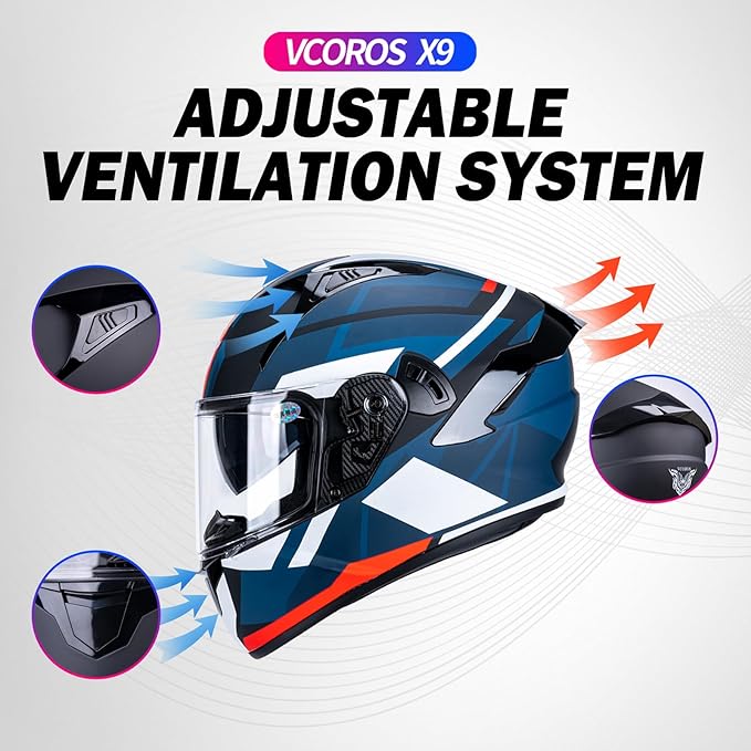 VCOROS Full Face Dual Visor Motorcycle Helmet for Adults Motorbike Street Bike Racing Helmets X9 DOT Approved with Black Visor