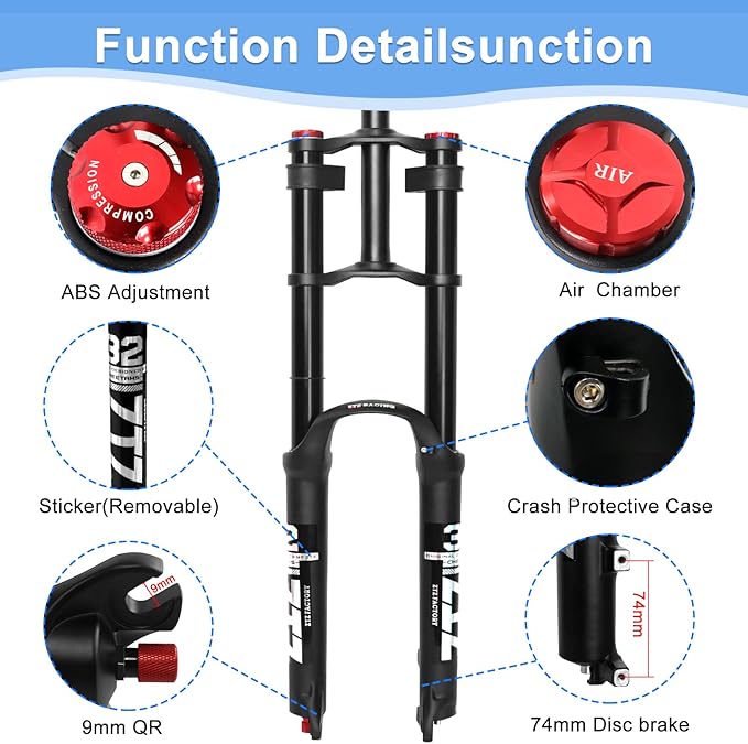 ZTZ 26/27.5/29 inch Mountain Bike Air Suspension Fork,Rebound Adjustment,180mm Travel,QR 9x100mm, 1-1/8 Straight Steerer, Ultralight Double Shoulder Design Front Fork for XC/AM MTB