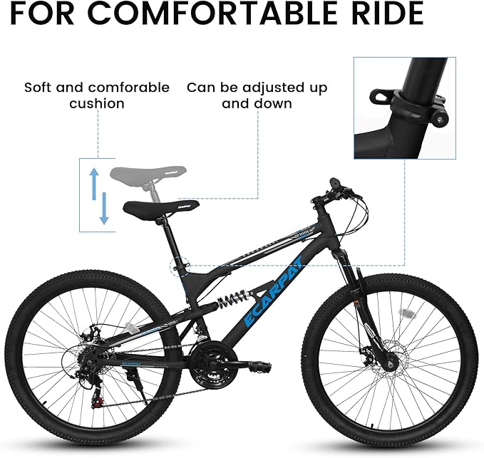 Ecarpat 24/26/27.5 Inch Mountain Bike, Full/Front Suspension Mens Boys Mountain Bike with 21 Speed Steel Frame and Dual Disc Brakes, Adult Sport Bicycle for Trail City Road, Gift Choice