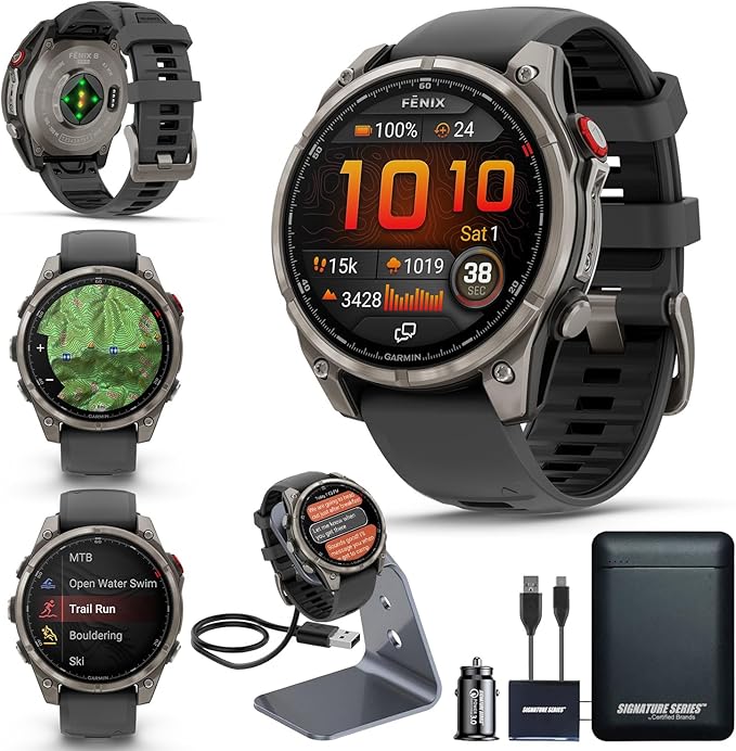 Garmin Fenix 8 Pro, 47mm, AMOLED Display, Premium Multisport GPS Smartwatch, inReach Technology for Emergency Survival, Health Tracking | Titanium/Graphite, Signature Series Power Bundle