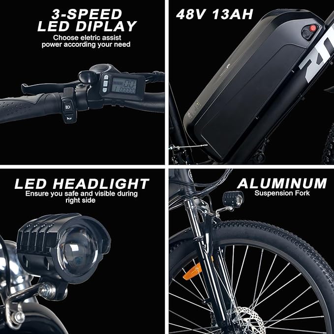ZNH 750W|1000w Electric Bike for Adults, 48V 13Ah Removable Battery, 26" Electric Mountain Bike, Up to 60 Miles, 7-Speed Ebike, Hydraulic Suspension, LCD Display, UL2849 Certified, TUV