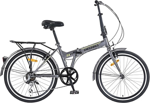 24 Inch Folding Bike for Adults, 7 Speed City Bicycle with Steel Frame, Front and Rear V Brakes for Commuting and Outdoor Riding,Gray
