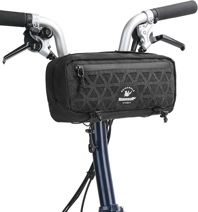 Rhinowalk Handlebar Bag for Brompton Folding Bike & Road Bikes, 1.9L Compact Pouch with Shoulder Strap, 3-Point Mounting, Front Zipper Pocket, Internal Storage for Cycling & Commuting (Black)