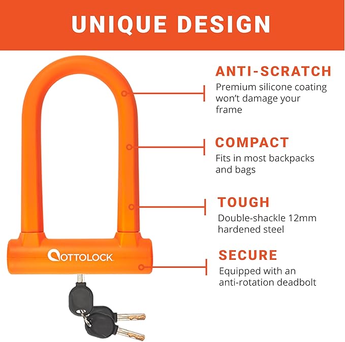 OTTOLOCK Sidekick Compact U-Lock and Cable Bundle - Heavy Duty Anti Theft Bicycle U-Lock with Keys, Silicone-Coated, Bike Accessories, Orange