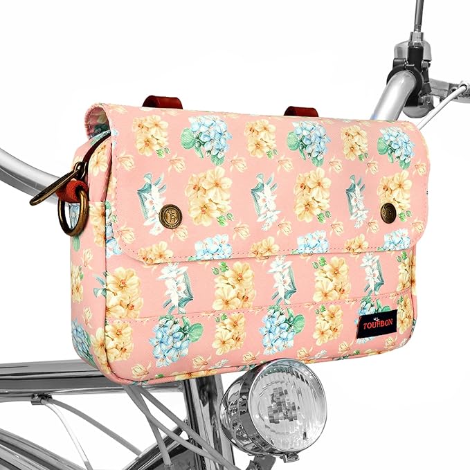 TOURBON Bike Bag Waxed Canvas Bicycle Handlebar Bag Zipper Closure Pouch Crossbar Front Frame Basket Cycling Saddebag Under Seat Strap-on Rear Rack Pannier (Pink with Flower)