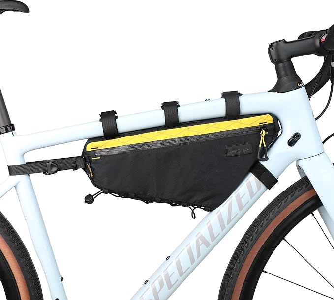 Rhinowalk BHD0018 Bike Frame Triangle Bag 2.9L, Waterproof Storage Bag with YKK Zippers, Cable Port & Pump Holder, Fits Hydration Pack- Black+Yellow