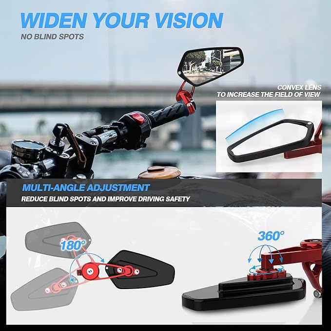 MICTUNING CNC Motorcycle Mirrors - 7/8" (22mm) Bar End Rear View Mirrors Compatible with Most Honda Grom, Yamaha, Kawasaki, Ducati, Suzuki and More - Red
