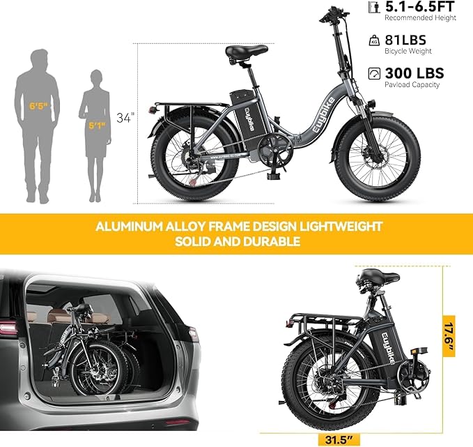 EUYBIKE1000W Folding Electric Bike for Adults,30mph Max Speed, 15AH Removable Battery Ebike, 20" 3 Fat Tire Electric Mountain E Bike with 7-Speed,Adult Electric Bicycles for Commute Beach Snow Blueb…
