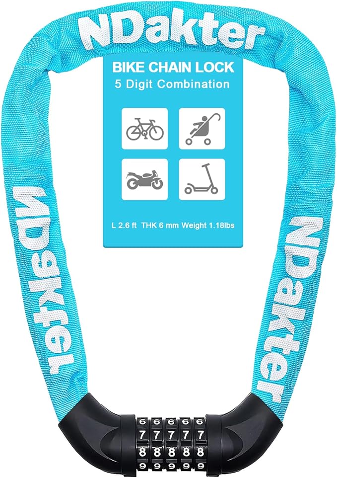 NDakter Bike Lock, 5 Digit Combination Heavy Duty Anti Theft Bicycle Chain Lock, 2.62/3.2/4.27/5/6Ft Long, High Security Resettable, Suitable for Bike, Scooter, Door, Gate, Fence-4/6mm Thick