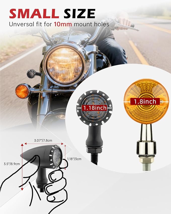 Bullet Style Motorcycle LED Turn Signals, Front Driving Light & Amber Indicator, Zinc Alloy Housing, M10 Mount Universal Fit for Cruiser Bobber Chopper Cafe Racer (Black-Front)