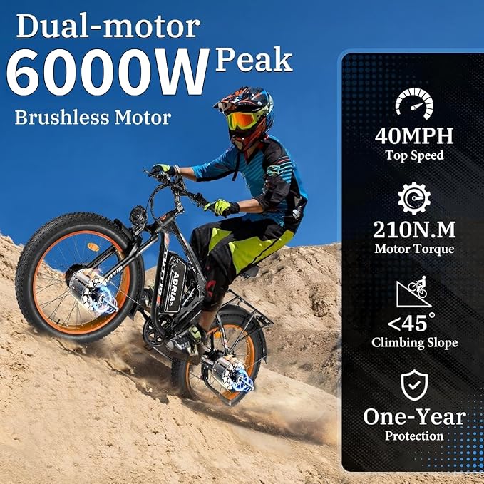 Tuttio Adria26 5000W/6000W Dual-Motor Ebike,40-46MPH Electric- Bike for Adults, 26 * 4" Fat Tire Electric Bicycle, 52V 25AH E-Bike Full Suspension Electric Dirt Bike for Off-Road Mountain Hunting