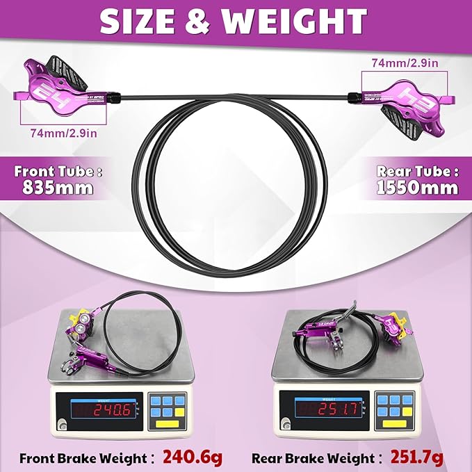 BUCKLOS IIIPRO MTB 4 Pistons Hydraulic Disc Brake Set Front 800mm and Rear 1550mm with Ceramic Brake Pad for Mountain Bike(Pre-Bled)