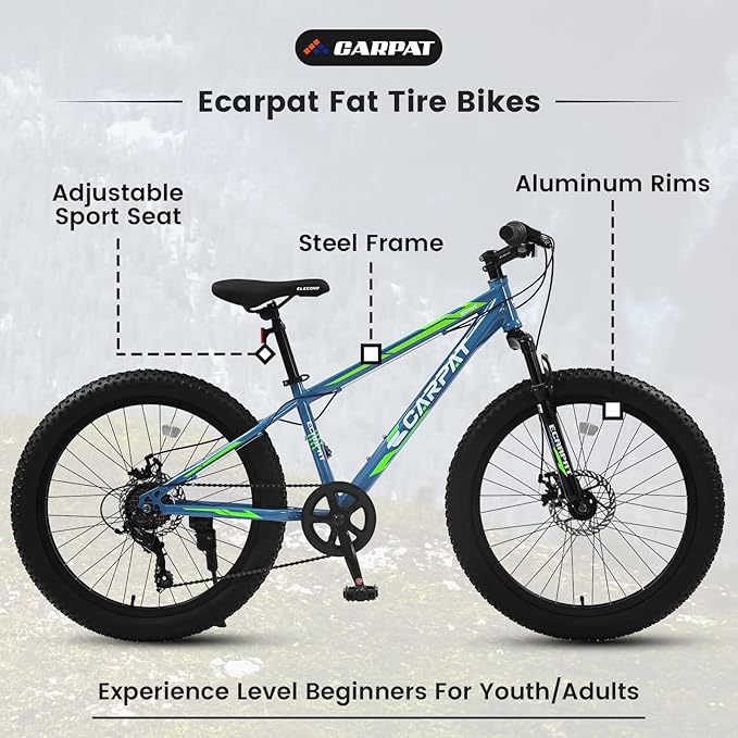 20/24/26 Inch Fat Tire Mountain Bike Variable Speed Dual Disc Brake Kids Adult Free Return