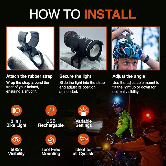 Brightside Bike Helmet Light. 360 Degree 3 in 1 Bright Safety Light for All Cyclists. Dual Front & Rear. 43 Hour Runtime. Easy Fitting to Most Helmets. 7 Modes, Waterproof & Rechargeable