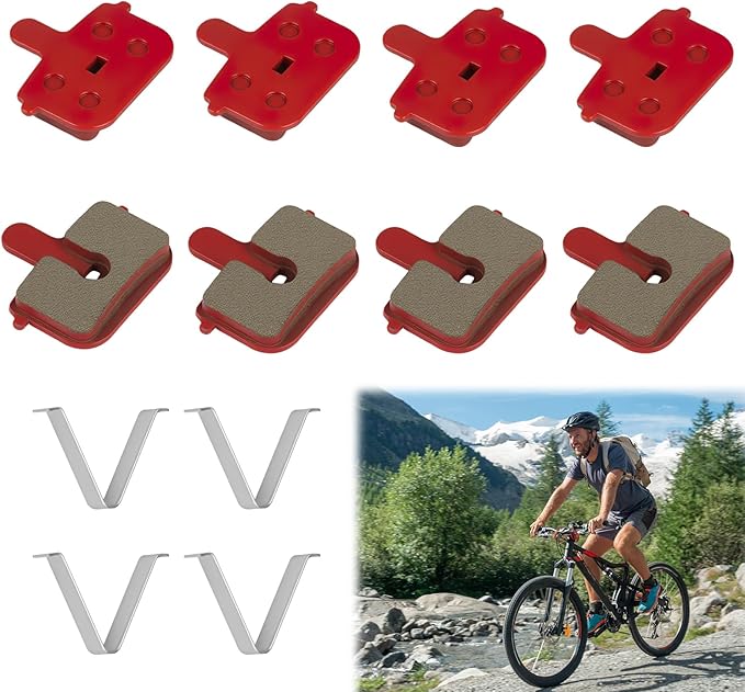 4 Pair Bicycle Disc Brake Pads & Retaining Spring, High-Performance Resin Semi-Metallic Replacement Brake Pads with 8 Pads and 4 Springs for Road and Mountain Bikes