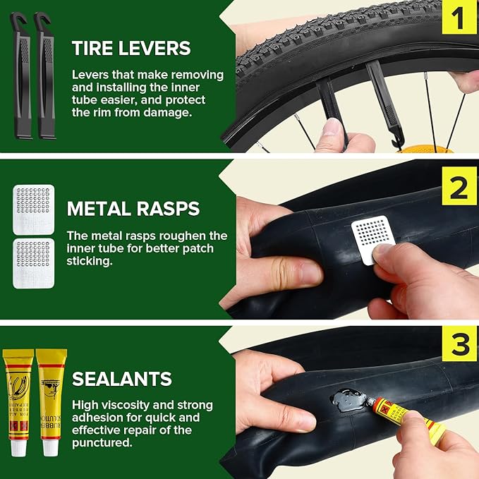 Bike Tube Patch Kit with Vulcanizing Patches - Assorted Sizes, Portable Bicycle Tire Repair Patches for Road, Mountain Bike, Scooter & Ebike Emergency