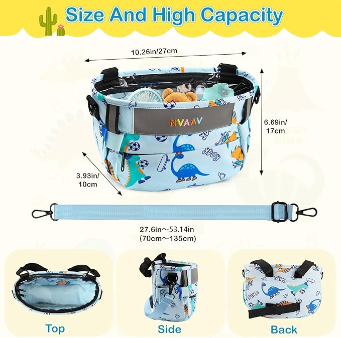 Kids Bike Basket Bag, Waterproof Bicycle Basket Pouch for Girls Boys 6-10, Children's Front Handlebar Bag with Reflective Safety Strap & Detachable Shoulder Strip, Fit Toddlers Bikes Tricycle Scooter
