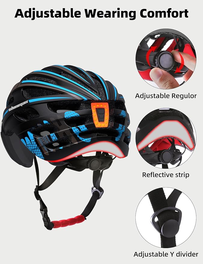 Shinmax Bike Helmet with USB Rechargeable Light & Detachable Magnetic Goggles UV Protective, Bicycle Helmet Men Women Mountain Road Adjustable Adult Cycling Helmet (WT-049)
