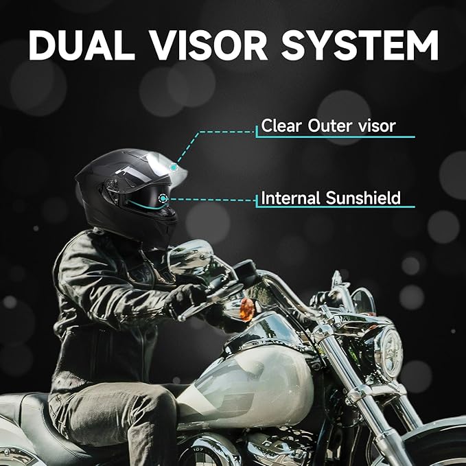 TCT-MOTORPARTS Adult Dual Visors Full Face Motorcycle Helmet Motorbike Racing Street Bike Helmets DOT Approved Matte Black Medium Size
