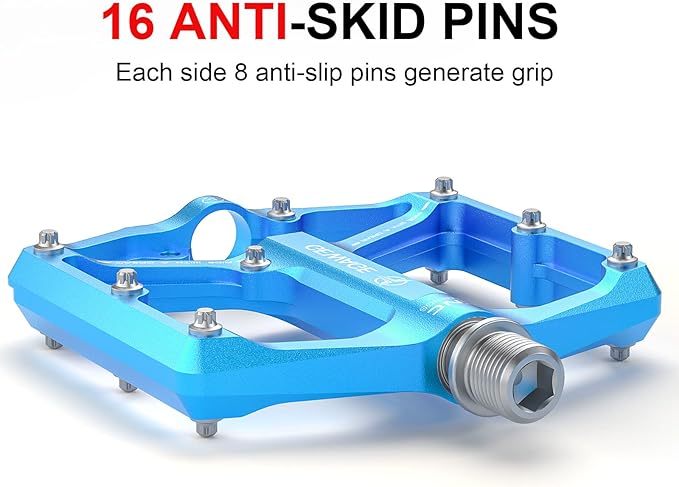Road/Mountain Bike Pedals - 3 Bearings Bicycle Pedals - 9/16” CNC Machined Flat Pedals with Removable Anti-Skid Nails