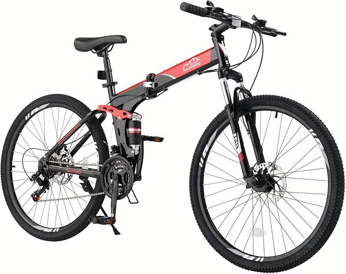 26in Folding Mountain Bike 21-Speed with Disc Brakes, Heavy-Duty Alloy Frame & Bike Suitable for &, Red - Urban Commuter, Trail Riding, Storage