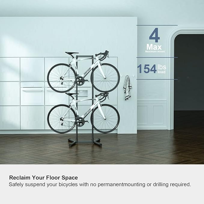 teraysun 4 Bike Horizontal Storage Rack, Heavy Duty No-Drill Indoor Garage Bike Organizer, 154 lbs Capacity for Mountain, Road & Hybrid Bikes