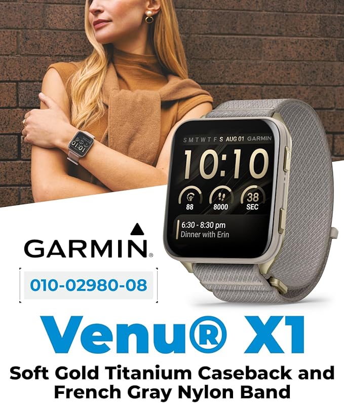Wearable4U Garmin Venu X1 Thin and Lightweight GPS Smartwatch, AMOLED Display, Advanced Health & Fitness Features, Soft Gold w/Titanium Caseback & French Gray Nylon Band Black Earbuds Bundle