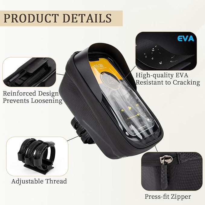 PSLER Bike Frame Bag Waterproof - Bike Top Tube Bag, Mountain Biking Accessories & Bicycle Pouch, Bicycle Top Tube Bag Accessories for Phones 4.7" to 6.8", Fits 30-55mm Tubes, Large