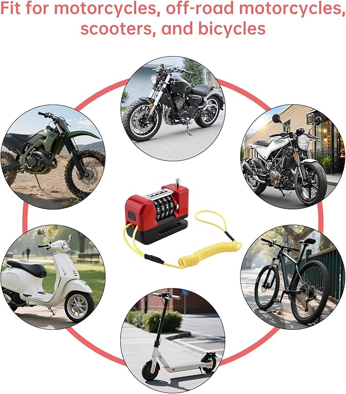 Windance Motorcycle Disc Brake Lock with Reminder Cable, Anti Theft Combination Wheel Lock,Waterproof Aluminum Alloy Keyless Password Security for Motorcycle Scooter Dirt Pit Bike E-Bike (Red)