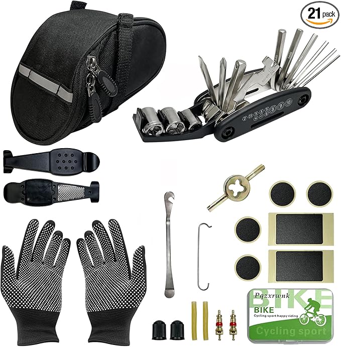 21-PC Bike Repair Kit with Saddle Bag | Portable Emergency Bike Fix Kit for Road & Mountain Bikes | Includes Tire Levers, Patches & Gloves | Perfect for Commuting, Travel & Trail Riding