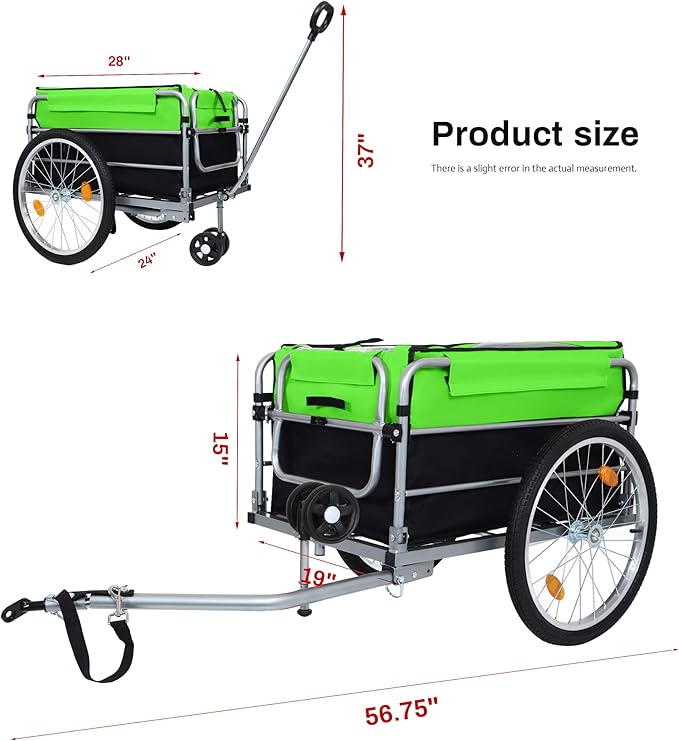 Aluminum Bicycle Trailer, Foldable Bike Cargo Trailer with Universal Hitch, Removable Oxford Fabric Cover, Bicycle Trailers Folding, for Camping, Groceries, 220 LBS Load Capacity, Black+Green