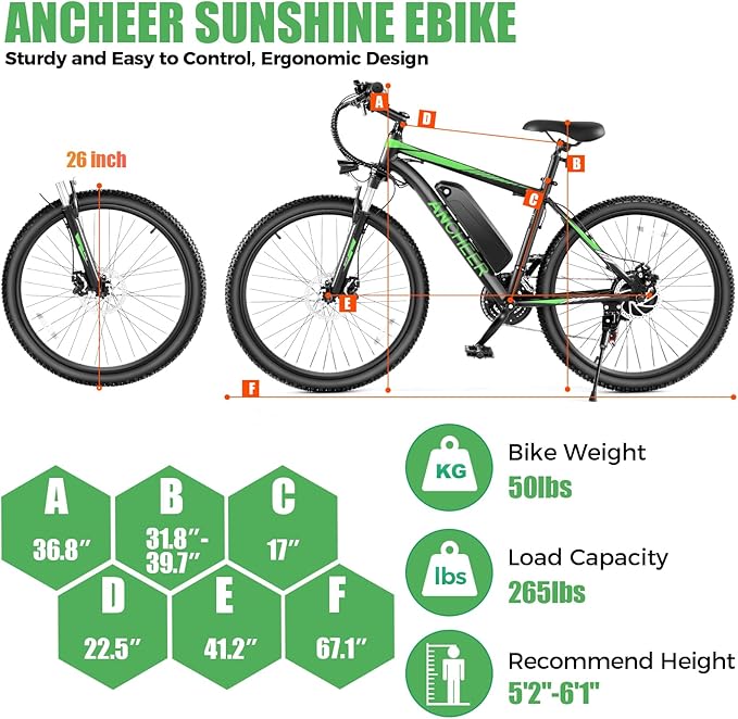 ANCHEER Electric Bike for Adults, [Peak 750W Motor] Electric Mountain Bike, 26" Sunshine Ebike, 55 Miles 20-22MPH Electric Bicycle with 48V/374Wh Battery, 7/21Speed, UL2849 Compliant