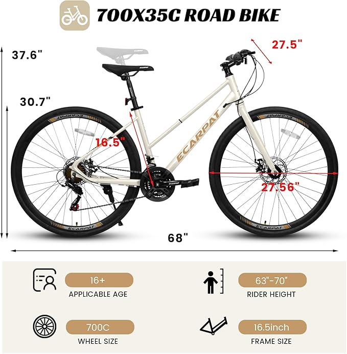 700C Road Hybrid Bike for Adult, 21-Speed Road Bike Road Bicycle Carbon Steel Frame/Dual-Disc Brakes/Multiple Colors