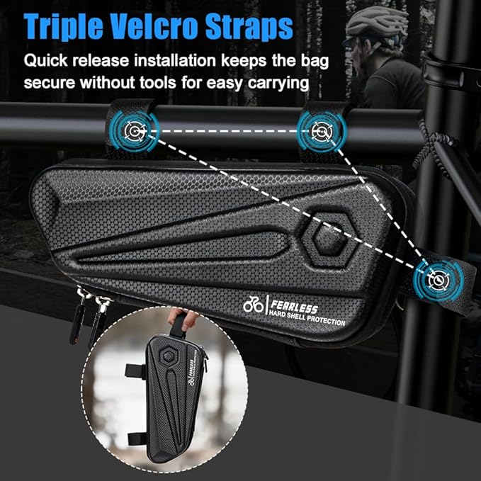 Bike Frame Bag 1.5L, EVA Hard Shell Bicycle Triangle Bag with Carbon Texture, Top Tube Cycling Storage Pouch with Reflective Logo and Side Zipper for MTB Road Bike