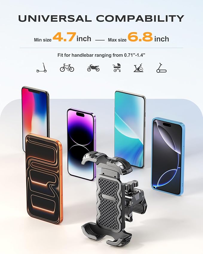 Motorcycle Phone Mount [Secure Grip][Anti-Drop], Upgrade Bike Phone Holder [1s Stable Lock], 360° Rotatable Phone Holder for Mountain Bike/ATV, Fits for iPhone/Samsung 4.7-6.8", Clamp Mount