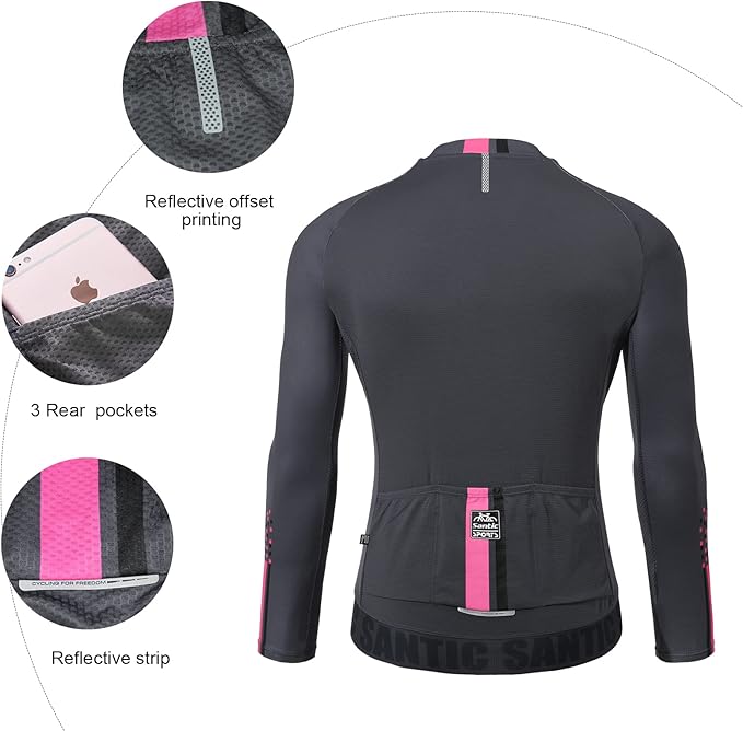 Santic Cycling Jersey Men's Long Sleeve Bike Reflective Full Zip Bicycle Shirts with Pockets