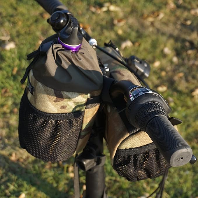 Bongo Bike Handlebar Bag - Water Resistant & Durable Fabric Bicycle Water Bottle Holder, Secure Attachment Bikepacking Stem Bag, One-Handed Access Feed Bag, Front Storage for Cycling - Camo