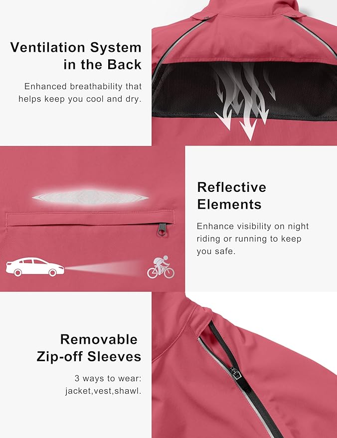 Little Donkey Andy Women's Lightweight Waterproof Cycling Jacket with Removable Sleeves for Biking Running Golf